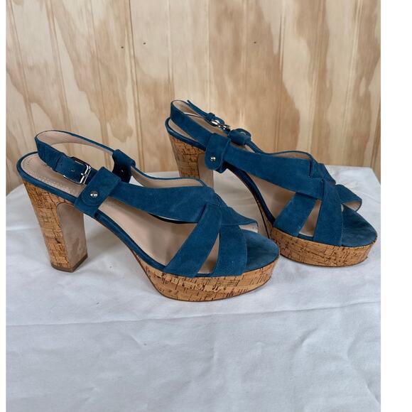 Barneys New York Women's Platform Chunky Heels-Blue Suede Leather Size 9 - Picture 6 of 11